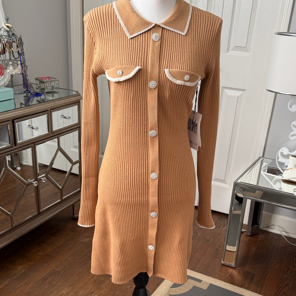 Classic Tan Button-Up Knit Dress w/ Rhinestone Buttons Lg NWT ❤️